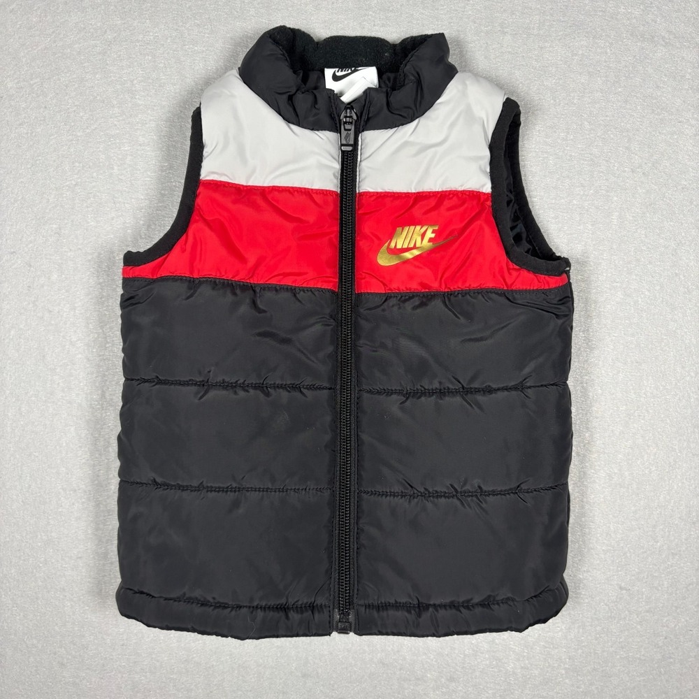 Nike Black Red Gray Gold Swoosh‎ Puffer Vest Boys Size 18M Toddler Full Zip